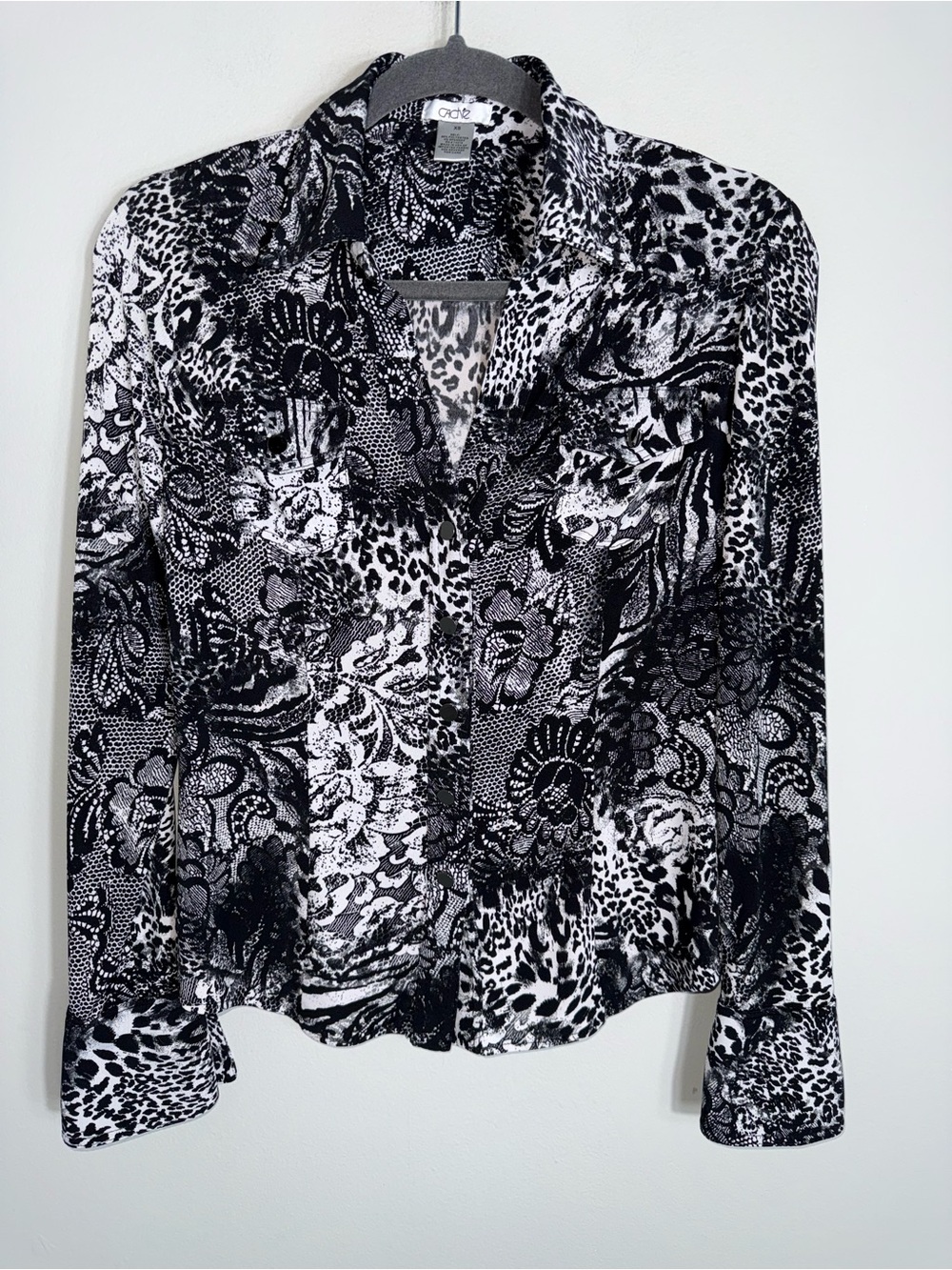 Cache Vintage Y2K Blouse-Black White Pattern-Long Sleeves-Size XS